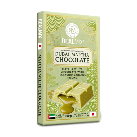 Eredeti Dubai Matcha Fehér Csokoládé Pisztáciás Karamell Töltelékkel, 100gr (Realmix)